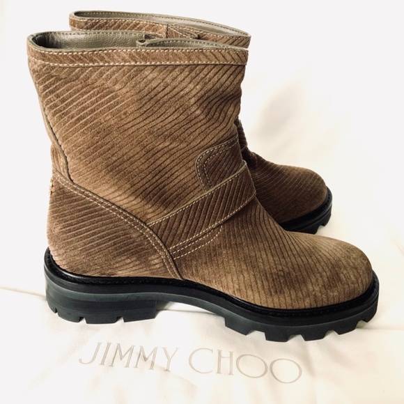 Jimmy Choo Leather Beige Clay Pull On Flat Ankle Suede Corduroy Buckle Boots - Picture 7 of 13